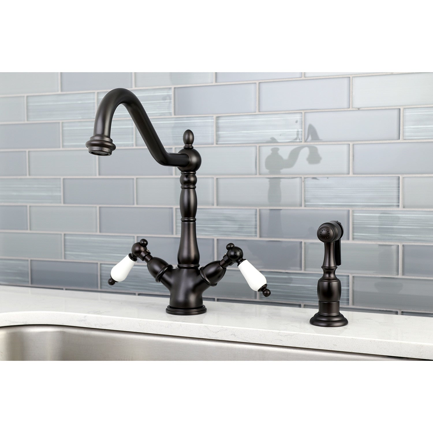 Kingston Heirloom KS1235PLBS - Heritage Two-Handle 2-or-4 Hole Kitchen Faucet with Brass Sprayer, Oil Rubbed Bronze — thumbnail 3